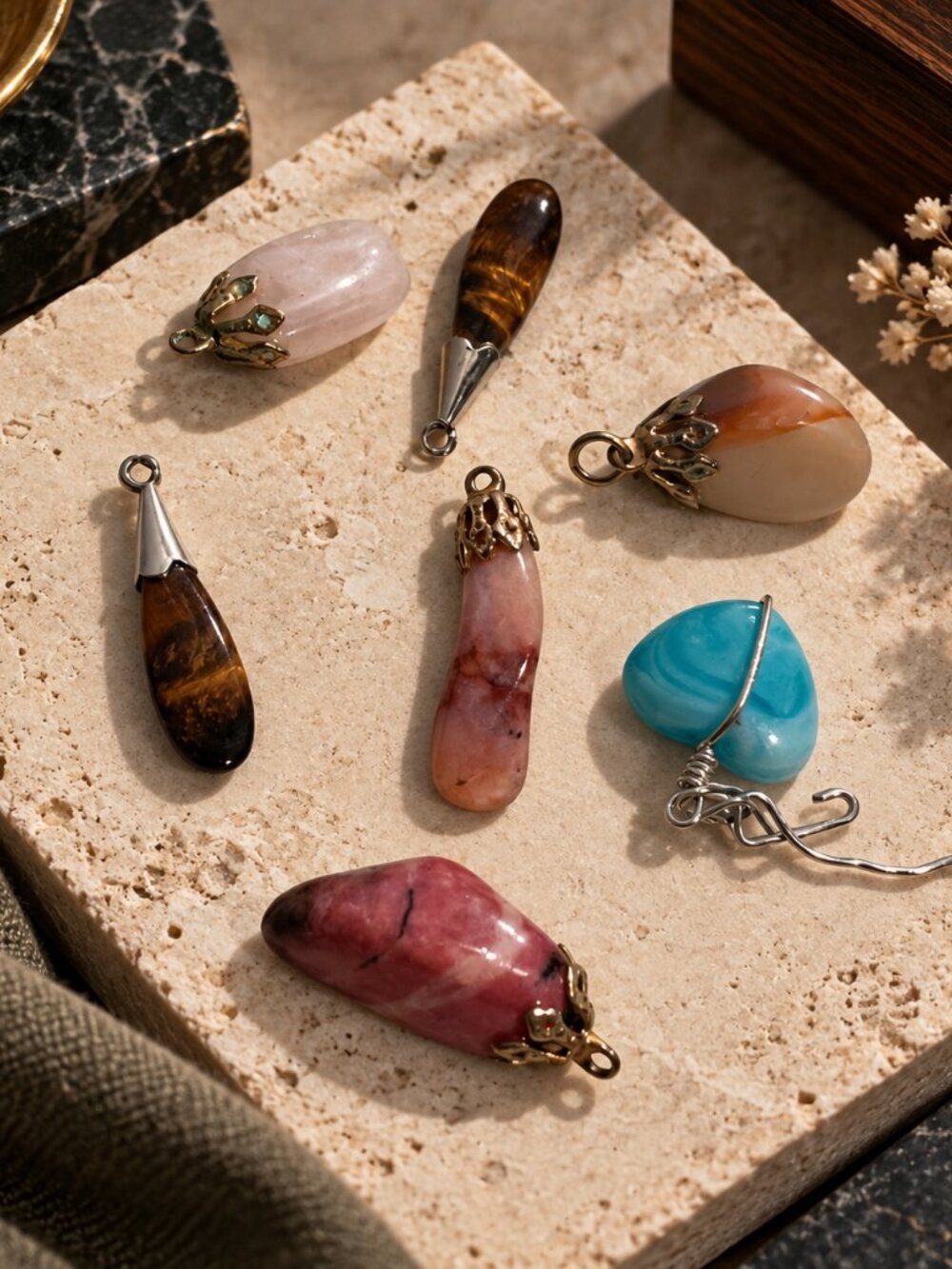 Vintage Gemstone & Crystal Pendant Charm Bundle - 8 Piece Lot